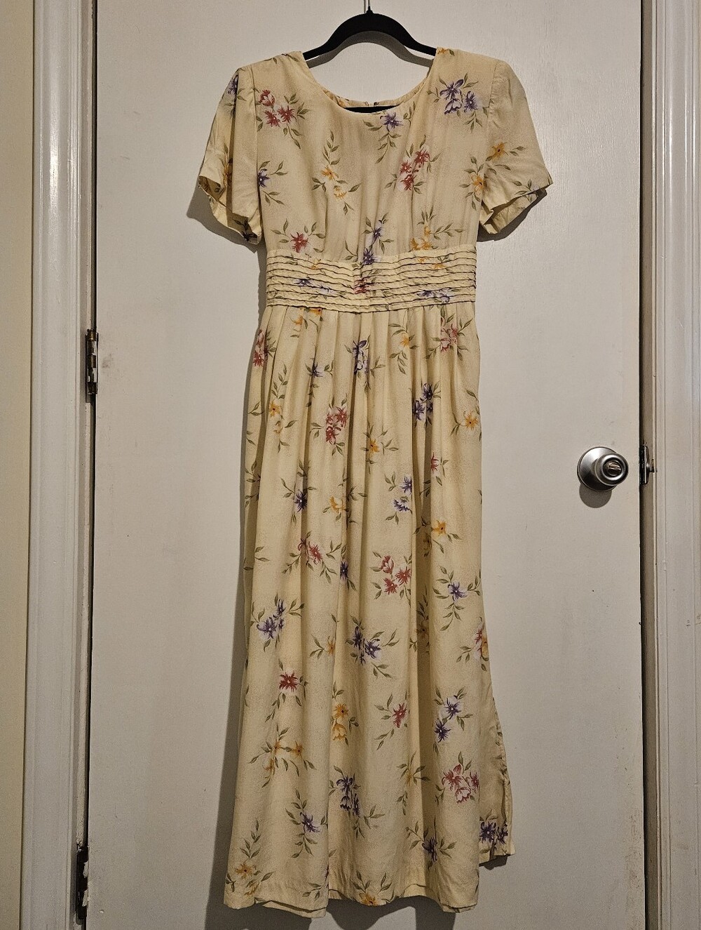Vintage Yellow Floral Rayon Maxi Dress Size 8P Tie Back Cottagecore Romantic